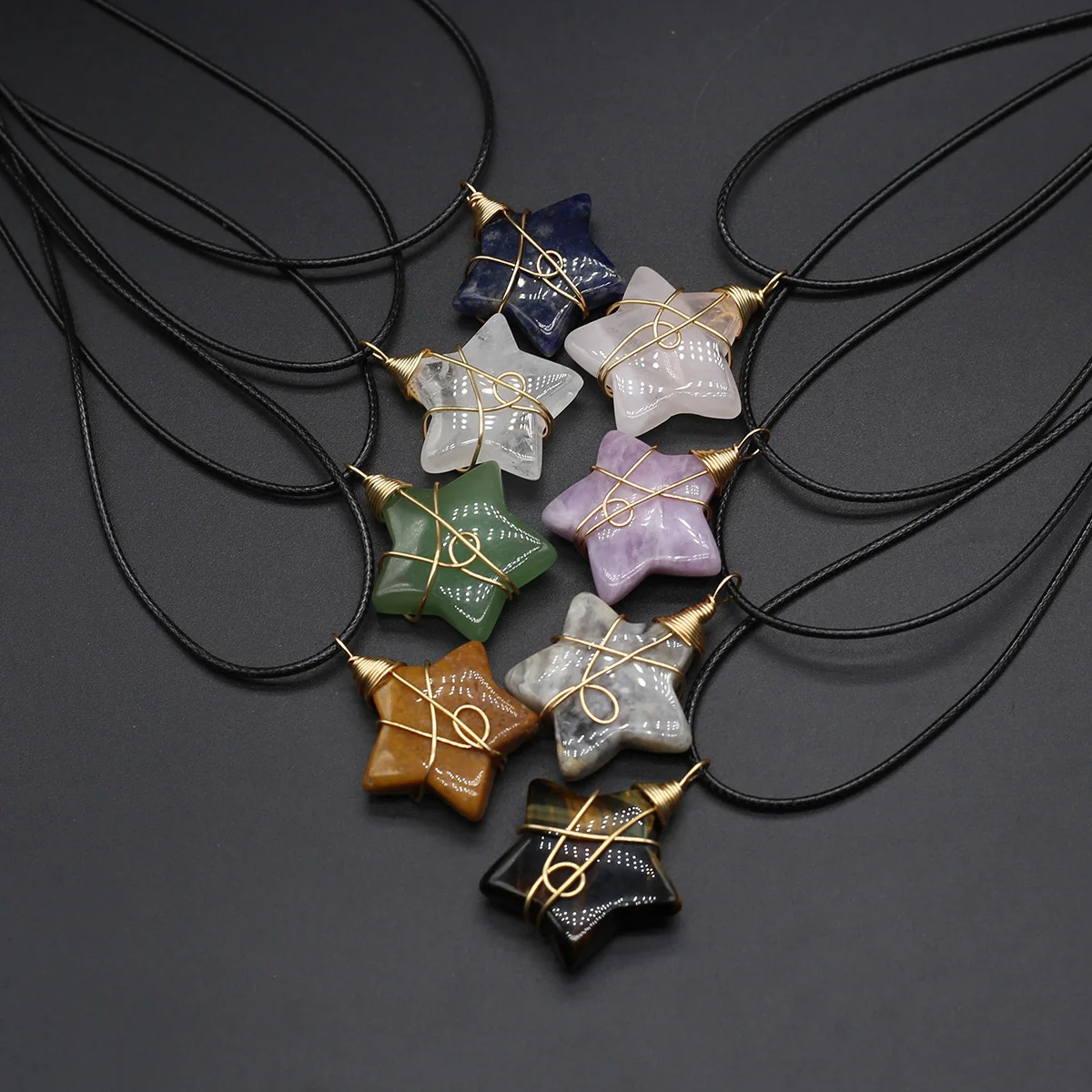 

Natural Stone Winding Star Pendant Necklace Rose Quartz Green Aventurine Jewelry for Making DIY Necklace Accessories Gifts