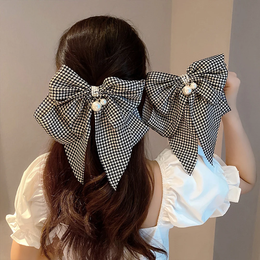 

New Oversize Bowknot Pearl Barrettes Net Yarn Hairpins Women Houndstooth Hair Clips Ribbon Hair Clips Ponytail Hair Accessories