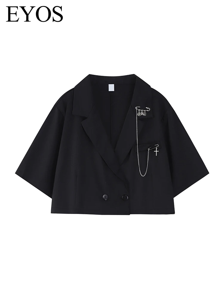 

Black Short Suit Thin Jacket Women's Lron Chain Cropped Sexy Navel Short Sleeved Baggy Comfy Casual Elegant Mom Shirt Top Y2k