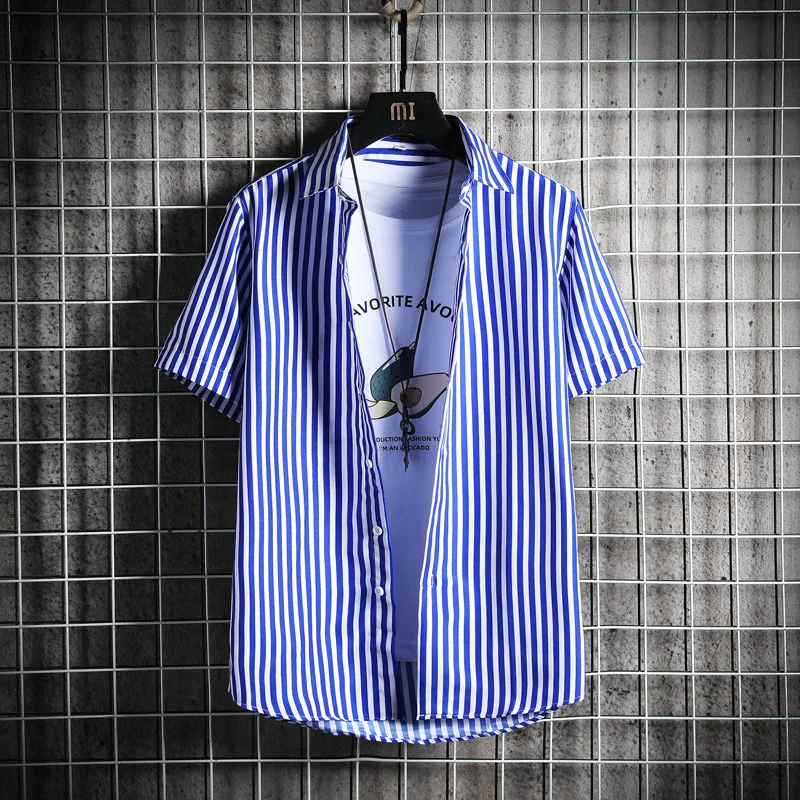 Summer 2022 Fashion Casual Youth Short Sleeve Men's Clothes Quick Dry Slim Striped Polyester Shirt Factory Outlet Thin Shirts