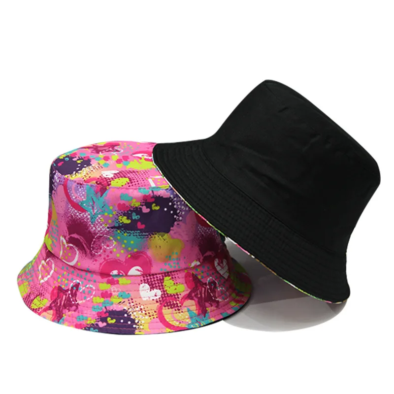 

Women Graffiti Heart Shaped Print Hats Logo Printed Sun Protection Cotton New Fashion Bucket Hat