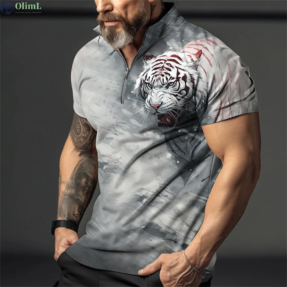 

Vintage Men'S Polo Shirt Animal Printed Golf T-Shirt Fashion Men'S Tops High Quality Zip Polo T-Shirts Daily Street Men Clothing