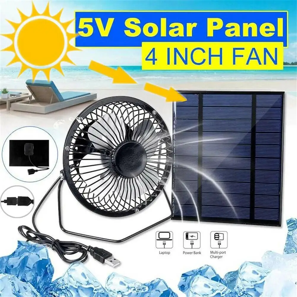 Ventilador de Panel Solar de 2,5 W y 5V para exteriores, miniventilador de refrigeración con USB de 4 pulgadas para acampar y viajar