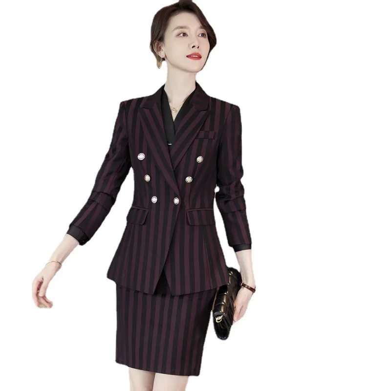 High-quality Soft 2 Piece Suit Set Striped Formal Pant Suit Blazer Office Lady Women Business Dress