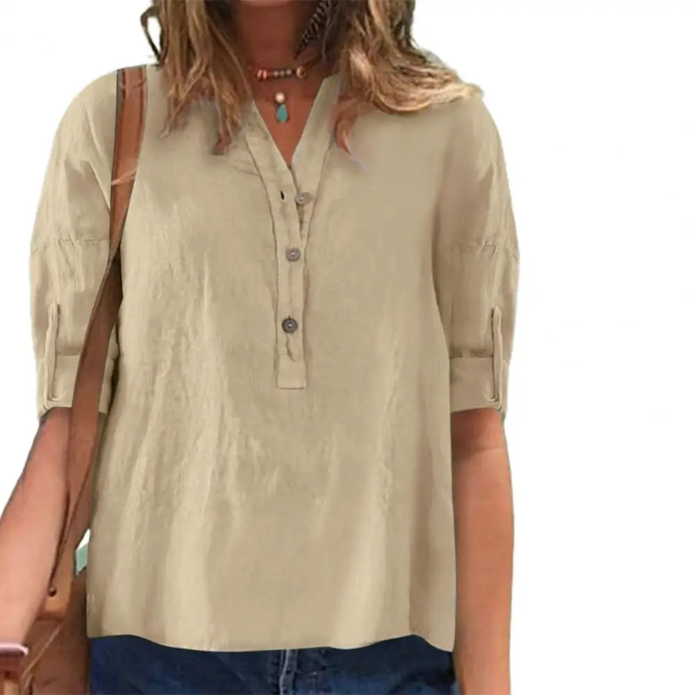 

Women Blouse Shirt Stand Collar Roll-up Sleeve Lightweight Summer Top Button Neckline Solid Color Shirt Top Ladies Clothing