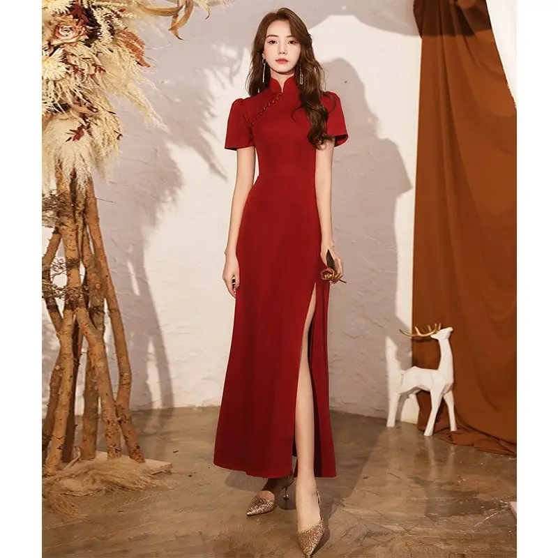 

Cheongsam Toasting Evening Dress 2023 New Women's Summer Casual Stand Collar Short-Sleeved Long Chinese Style Dress Fairy Wind