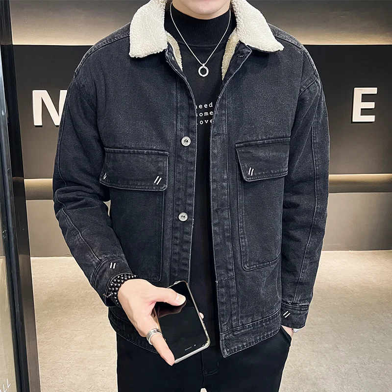 

New Winter Youth Men's Jean Jackets Woolen Inner Thick Long Sleeve Dark Blue Classical Wool Turn-down Collar Thick Jean Coat