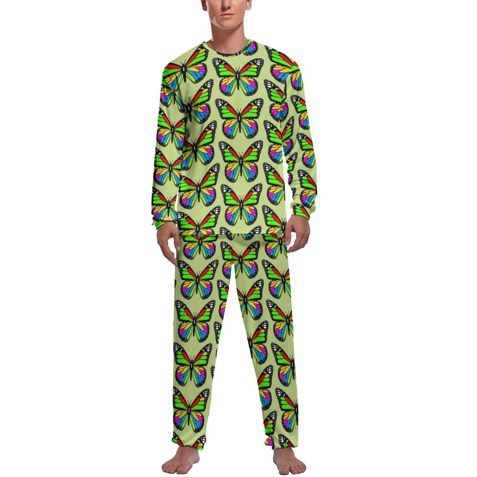 Colorful Butterfly Print Pajamas Long Sleeve Cute Animal Two Piece Room Pajamas Set Spring Mens Pattern Kawaii Sleepwear