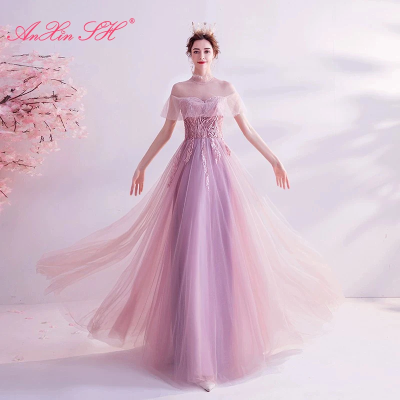 

AnXin SH princess pink lace party vintage o neck ruffles illusion flower beading crystal a line lace up evening dress 5727