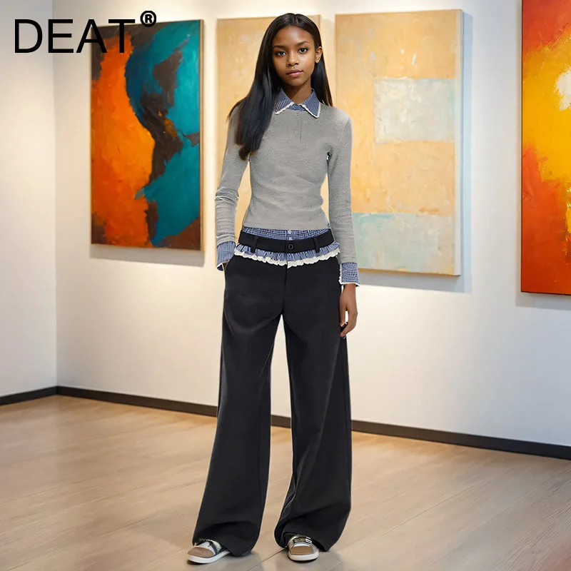 DEAT модная женская клетчатая лоскутная рубашка из двух предметов с морщинистой