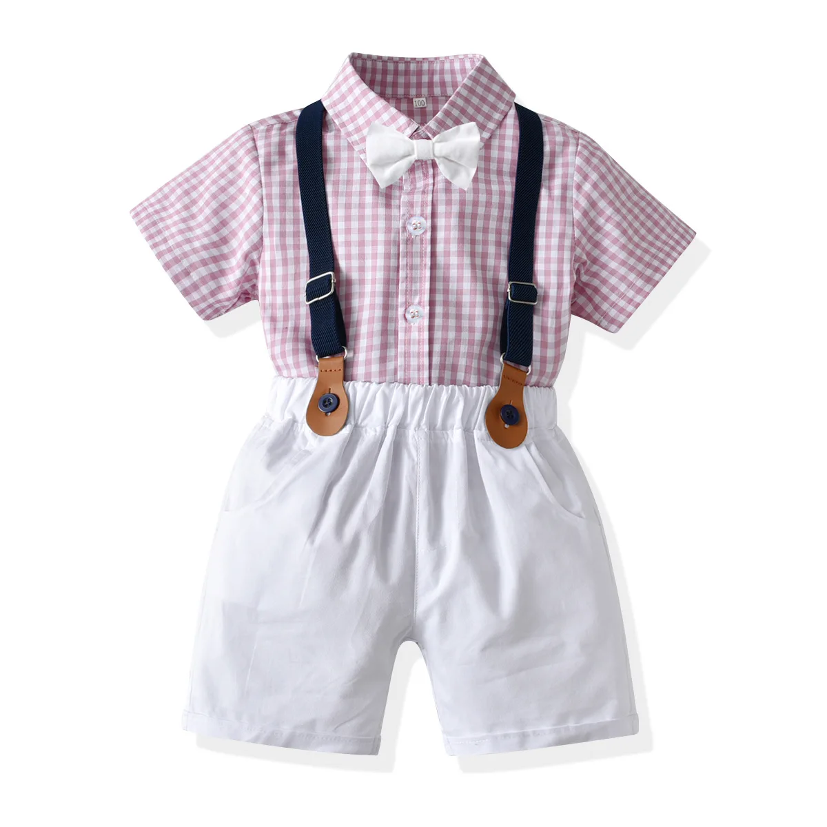 

Children Gentleman Dress Baby Boy Clothes Infant Plaid Bowtie Shirt + Solid Suspender Shorts 2pcs Set Kids Banquet Clothing Sets