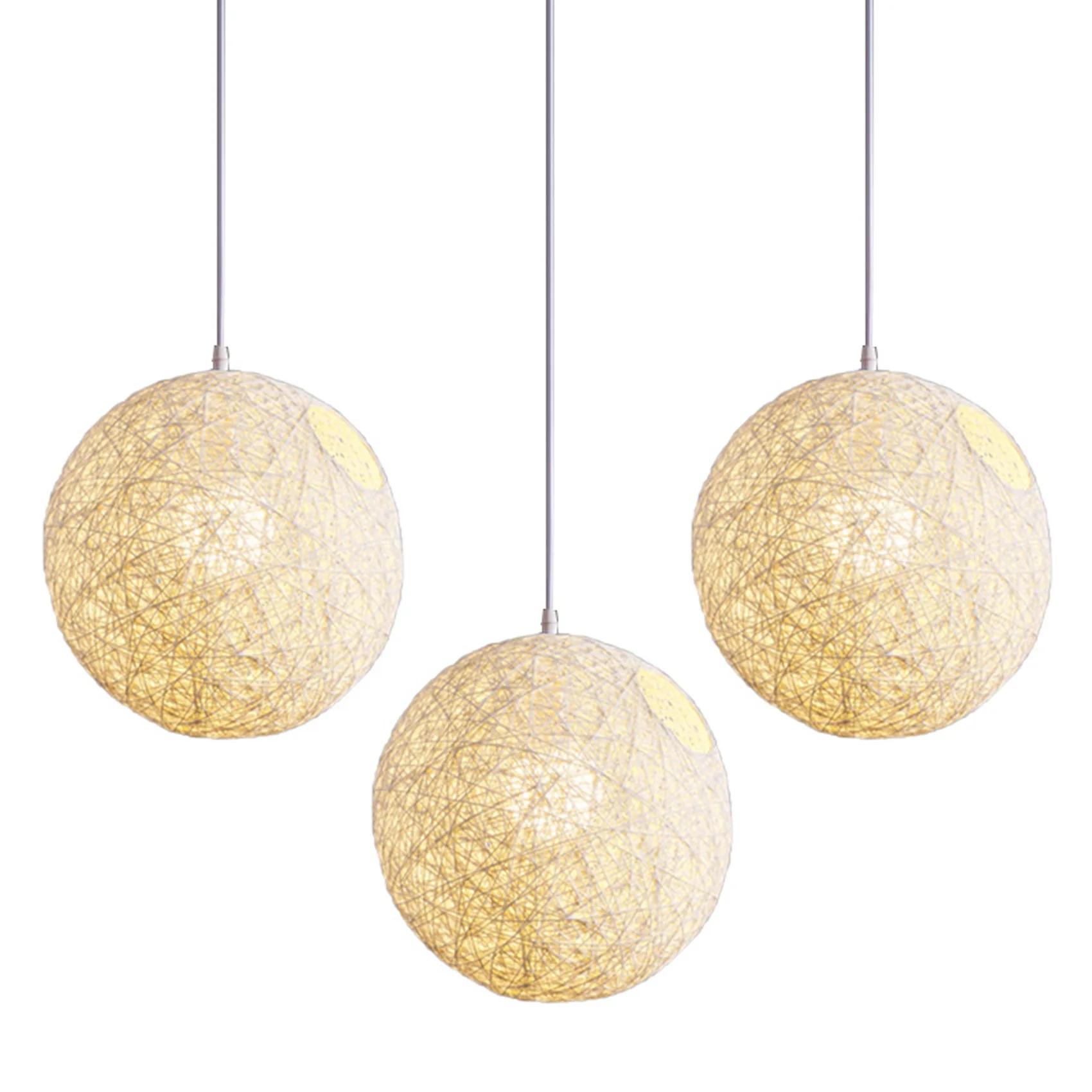 

3X White Bamboo Rattan and Hemp Ball Chandelier Individual Creativity Spherical Rattan Nest Lampshade