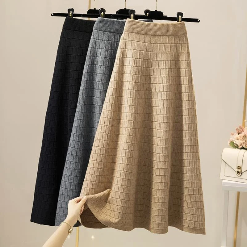 

Elastic High Waist Knitted Skirt Women 2022 Autumn And Winter Fashion New Plaid Solid Color A-line Bag Hip Long Skirt Zaful