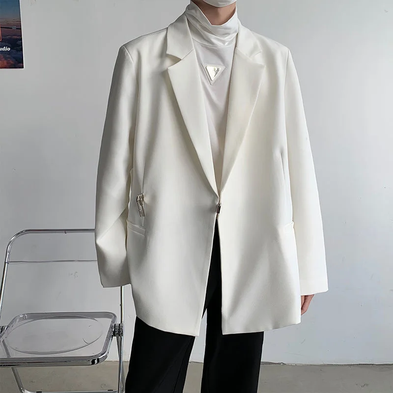 

Мужской Повседневный корейский Свободный офисный Блейзер, осенняя мужская куртка, Блейзер, пиджак, белый официальный модный костюм, черное платье