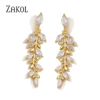 zakol charm gold color leaves earrings for women exquisite tiny zirconia dangle earring elegant korean crystal wedding jewelry