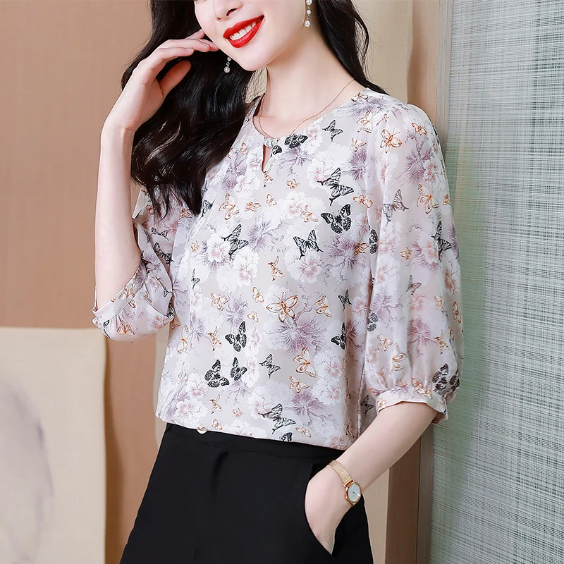 

Женская шифоновая блузка с цветочным принтом, с рукавом 2023