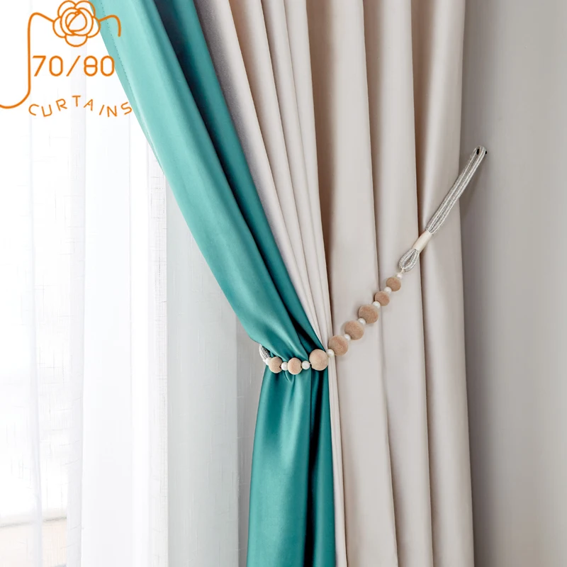 2022 New Light Luxury Imitation Silk Solid Color Stitching Curtains for Living Room Bedroom Custom Finished Home Decoration