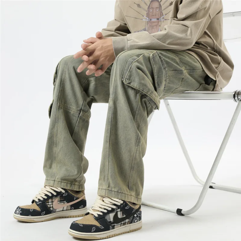 Baggy Pocket Jeans Men Fashion Retro Casual Cargo Jeans Men Japanese Streetwear Hip Hop Loose Straight Denim Pants Mens Trousers