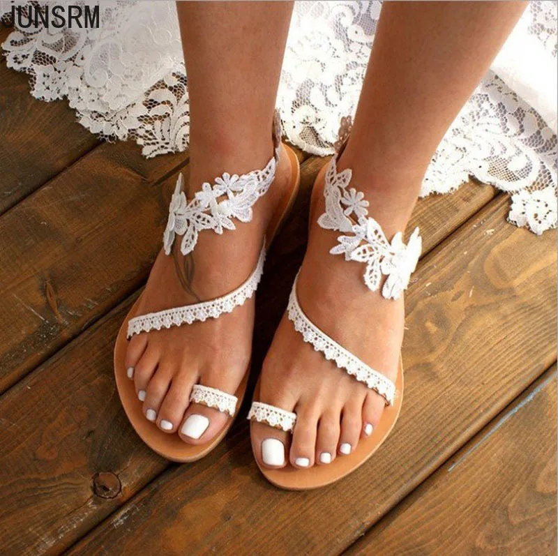 

Women Flat Shoes Summer Bohemian Gladiator Roman Sandal Lace Straps Floral Style Sandalias Mujer White Female Beach Shoes