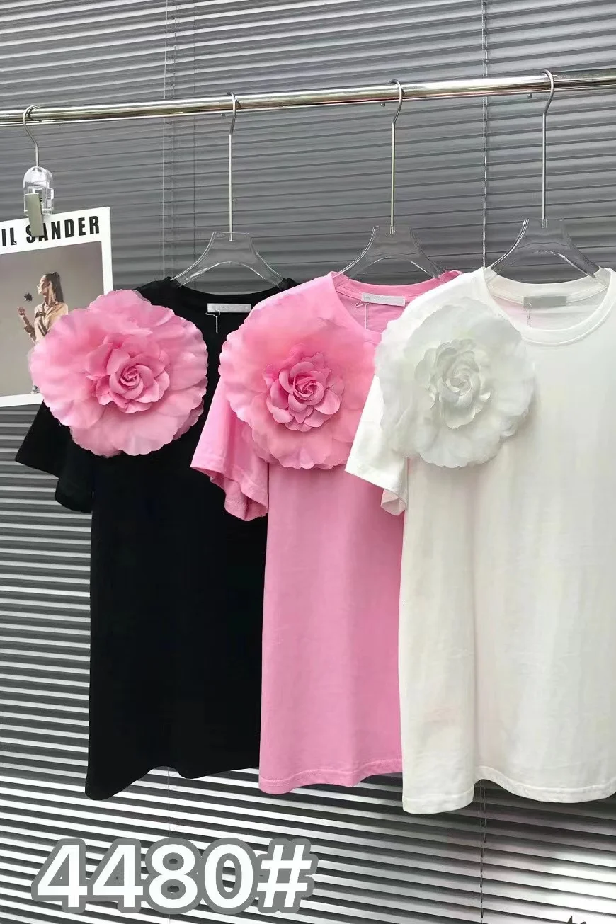 Женская хлопковая футболка с коротким рукавом повседневная шикарная 3D цветком