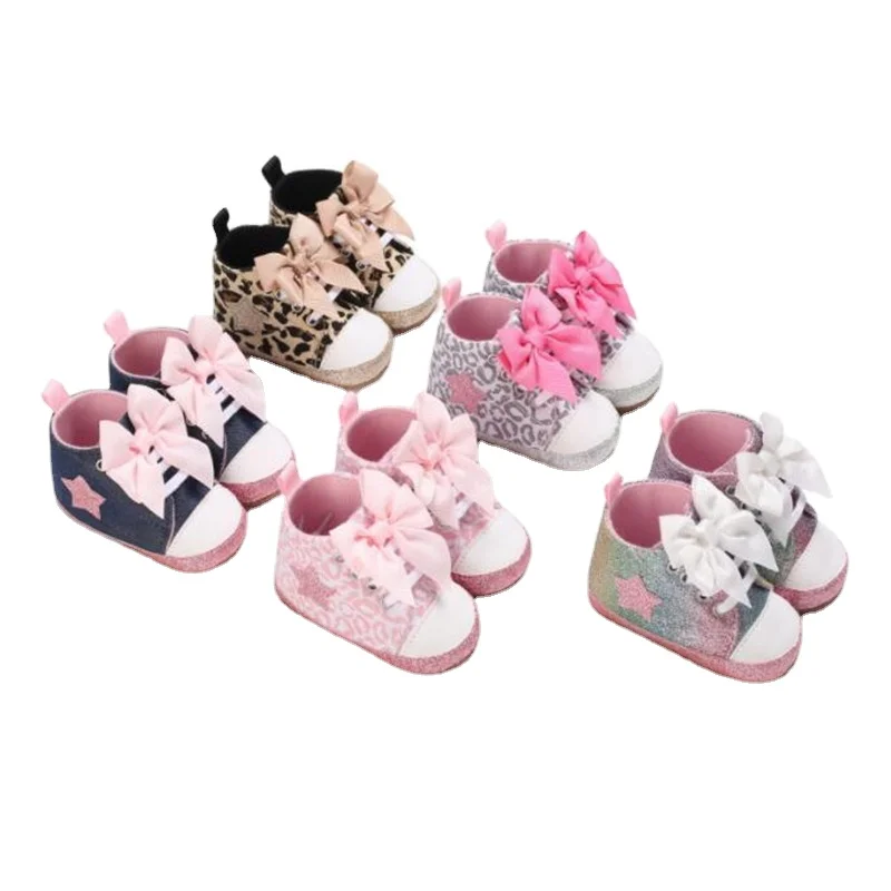 

Lioraitiin 0-12M Newborn Baby Girl Boys Shoes Leopard / Star Printed Bowknot Walking Soft-Soled First Walker Shoes