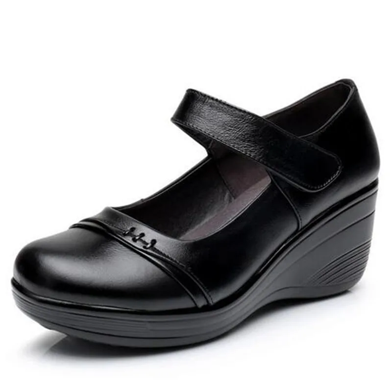 

Promotion Top Cowhide Light Comfortable Shoes Women High Heel Shoes Black Leather Shoes 2022 New Platform Wedges Woman's Shoes