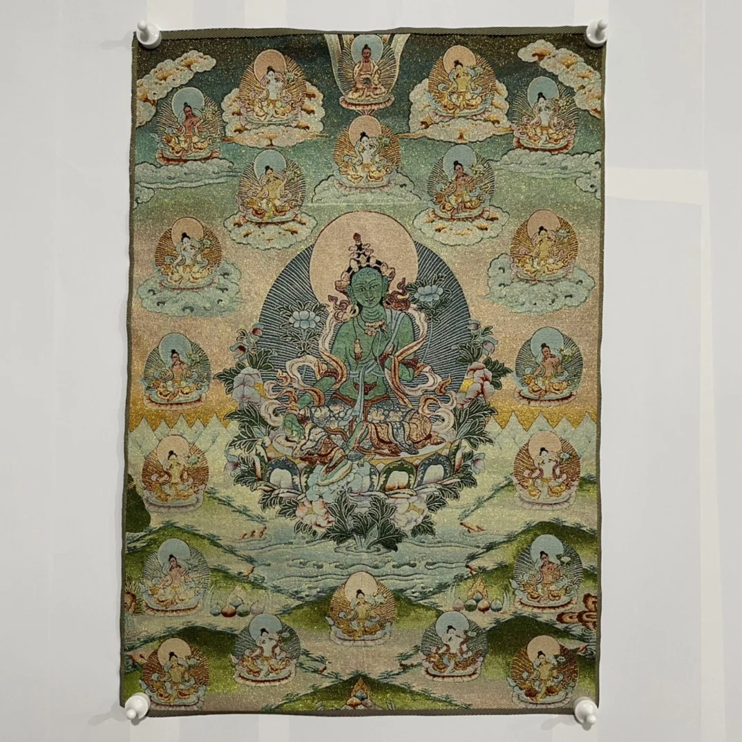 

35"Thangka embroidery Tibetan Buddhism silk embroidery twenty one mother Buddha Green Tara Thangka hanging screen Town house
