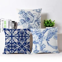 1pcs high quality vintage cushion covers blue white printed linen cushion cover sofa bedding decorative throw pillow cases