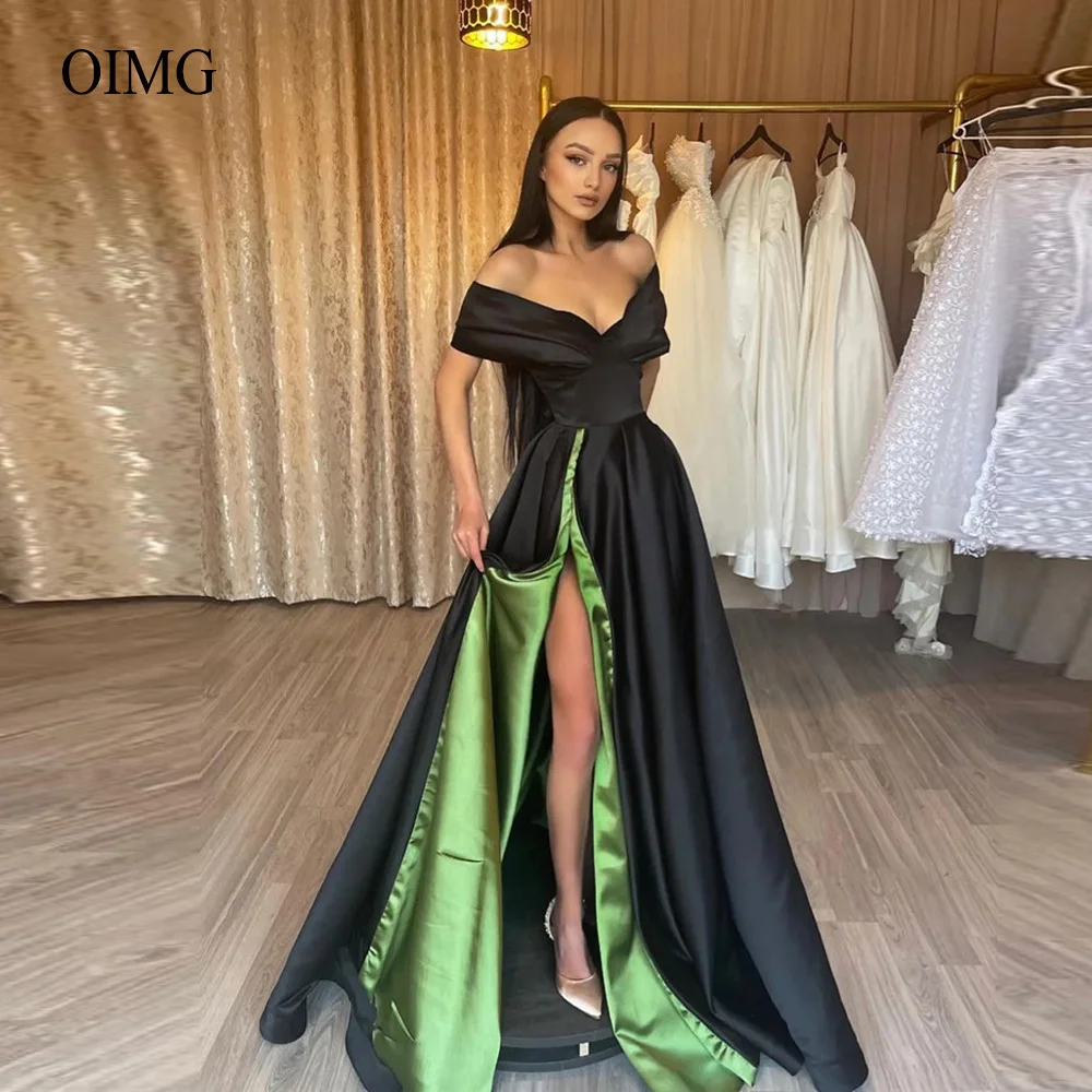 

OIMG черные трапециевидные вечерние платья с открытыми плечами, простая зеленая подкладка, женские Формальные платья для выпускного вечера, ...