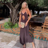 elegant cut out ruched brown summer dress for women party club vestido sexy backless draped maxi dresses clothes