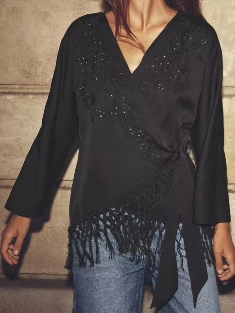 

HH TRAF Elegant Women Cross V Neck Floral Embroidery Sequined Casual Shirt Long Sleeve Tassels Blouse Fashion Kimono Shirts Tops