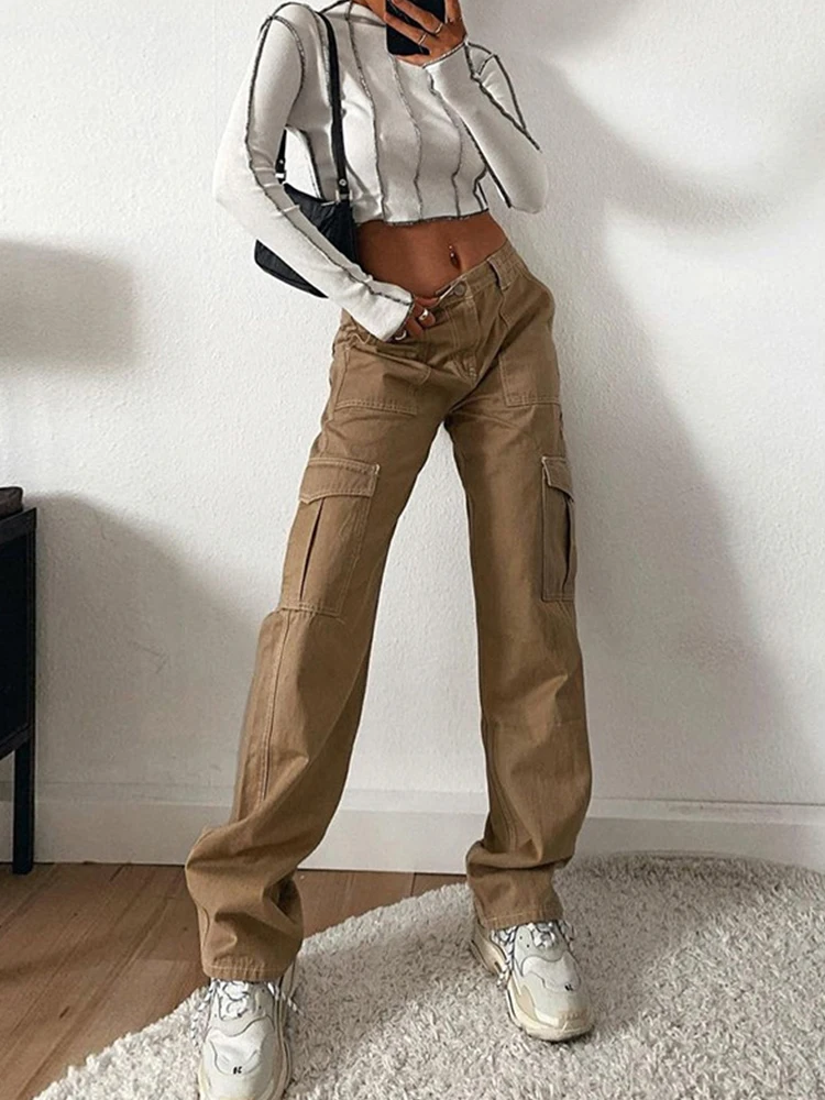 

Kalevest Y2K Trashy Cargo Pant Brown Fairy Grunge Women Pants Luxury Clothes Low Rise Pant Rave Outfits Pockets Jeans for Female