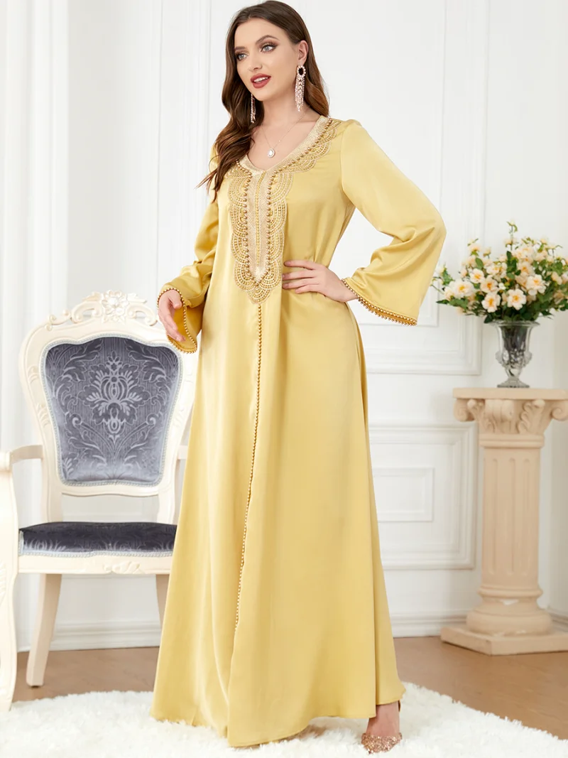 Eid Ramadan Muslim Women Dress Beading Dubai Morocco Party Dresses Arabic Kaftan Vestidos V-neck Elegant Maxi Prayer Abayas 2023
