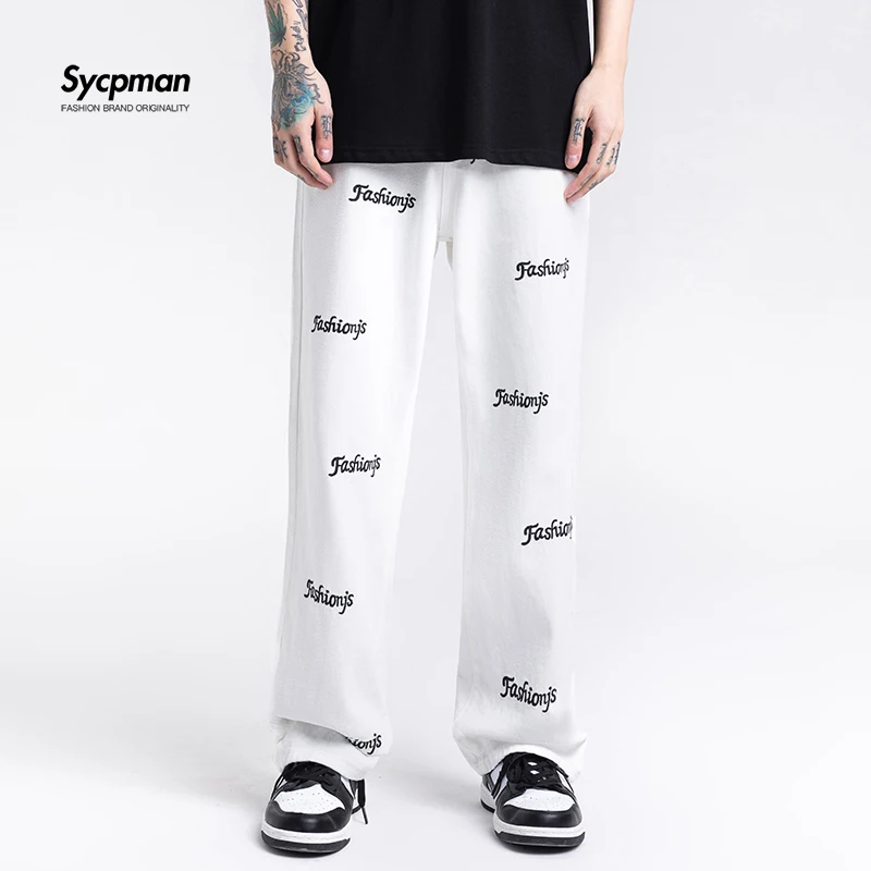 

2022 Spring American High Street Fashion Brand Vintage Embroidered Letter Jeans Men's Loose Straight Pants Wide Leg Jeans
