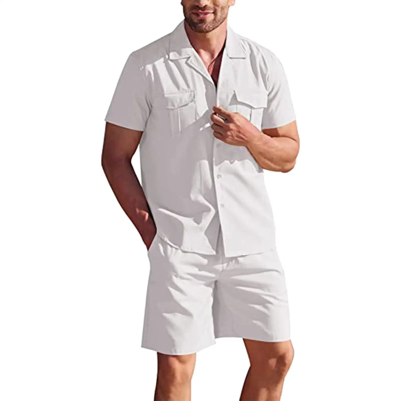 New Summer Men's Linen Short Sleeved Shirt Set Loose Casual Cotton Linen Cardigan Shirt+Shorts Two-Piece Set