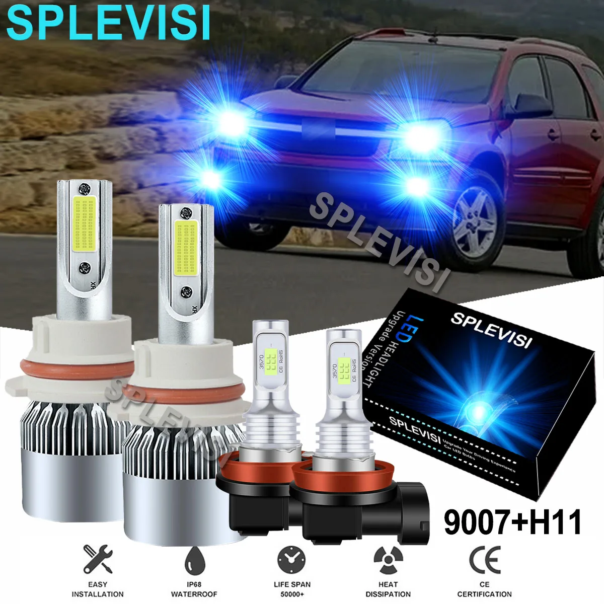 

4PCS Ice Blue LED Headlight Fog Light Bulbs 8000K Fit For Chevrolet Equinox 2005-2009 Ford Focus 2005-2007 Suzuki SX4 2007-2013