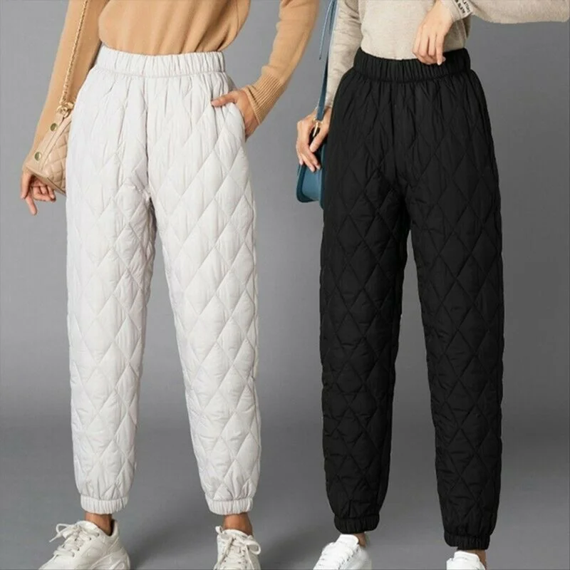 

Women Winter Warm High Waist Down Cotton Pants Quilted Padded Diamond Plaid Loose Windproof Joggers Sweatpants Closed Snow