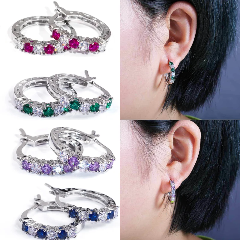 

2022 New Inlaid Blue Red Green Purple Zircon Earrings Small Design Jewelry Wholesale Bride Wedding Party Luxury Jewelry