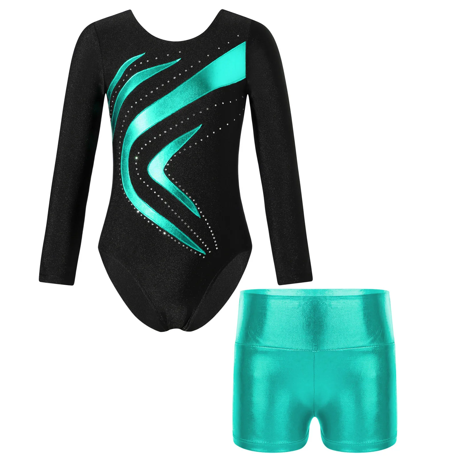 

4-14Y Girls Long Sleeve Gymnastics Bodysuit Ballet Dance Leotard with Shorts Figure Skating Dancewear Swimwear Yoga Sportswear