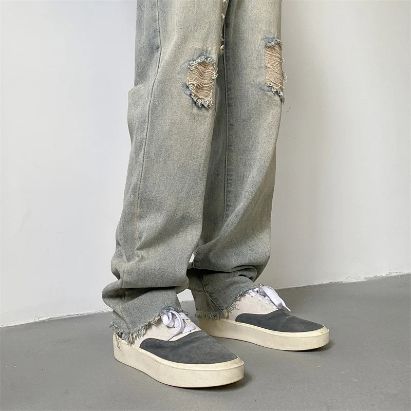 Ripped Baggy Jeans Men Fashion Retro Casual Straight Jeans Men Streetwear Hip-hop Loose Holes Denim Pants Mens Trousers M-2XL