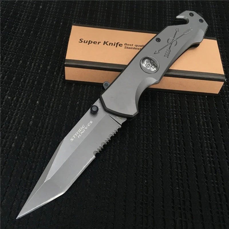 

Super Folding Knife Serrated Blade Gray Titanium Coated Pocket Flipper Knife Outdoor Survival Self Defense Paring Cutting Tool