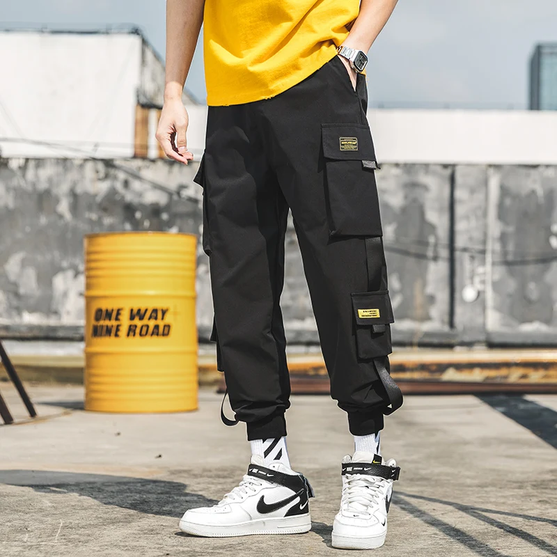 

Брюки-карго мужские с карманами, повседневные Джоггеры в стиле хип-хоп, тренировочные штаны, уличная одежда, штаны Techwear с лентами