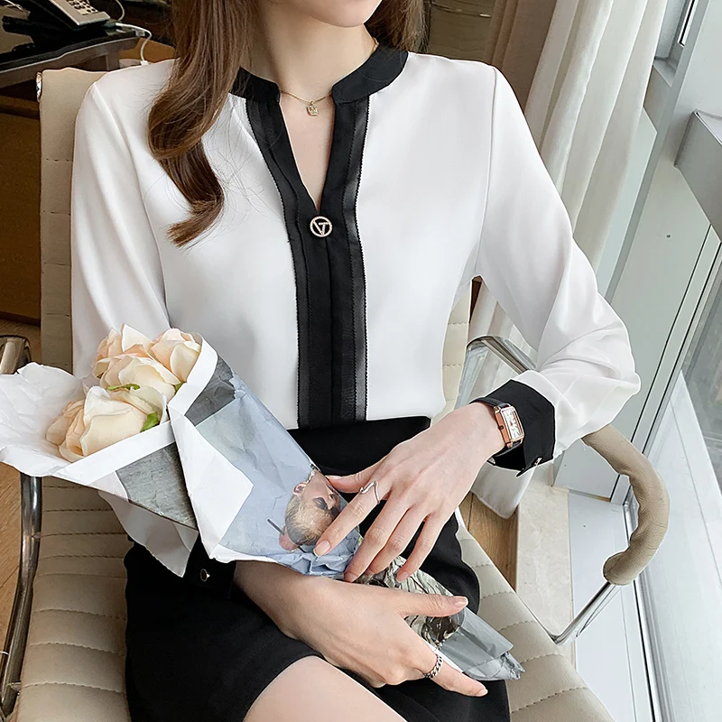 

Satin Summer Shirt Women Blouse Long Sleeve Loose Casual New Fashion Splicing V-neck