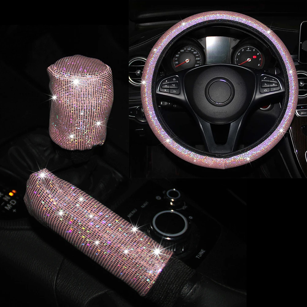 

Upgrade Your Car's Look with this Pink Glitter Steering Wheel Cover Handbrake and Gear Cover Set Includes 3 Pieces
