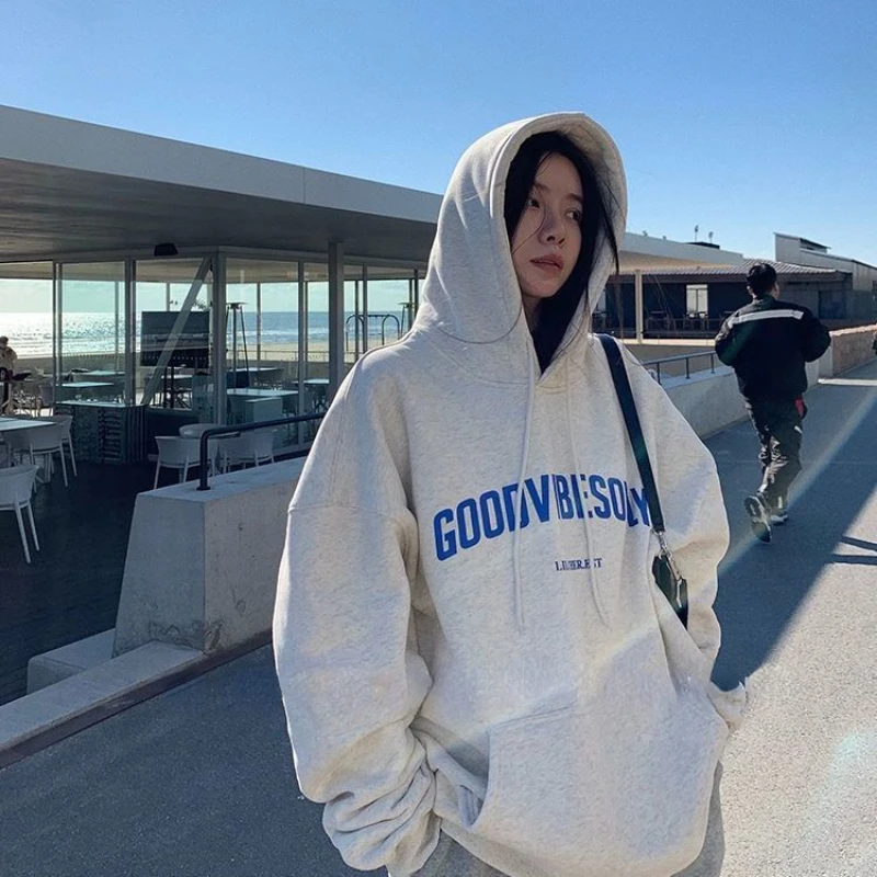 

American Style Fried Street Autumn and Winter 2022 Gray Hooded Sweater Women Ins Tide Oversize Loose Top Swea T Shirt Clothes