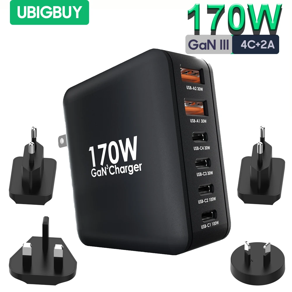 Быстрое зарядное устройство Ubigbuy 170 Вт USB C, GaN 6 в 1 PD 100 Вт PPS45W, зарядная станция для MacBook Pro, ноутбука iPhone 14 13 Galaxy S23/22/21