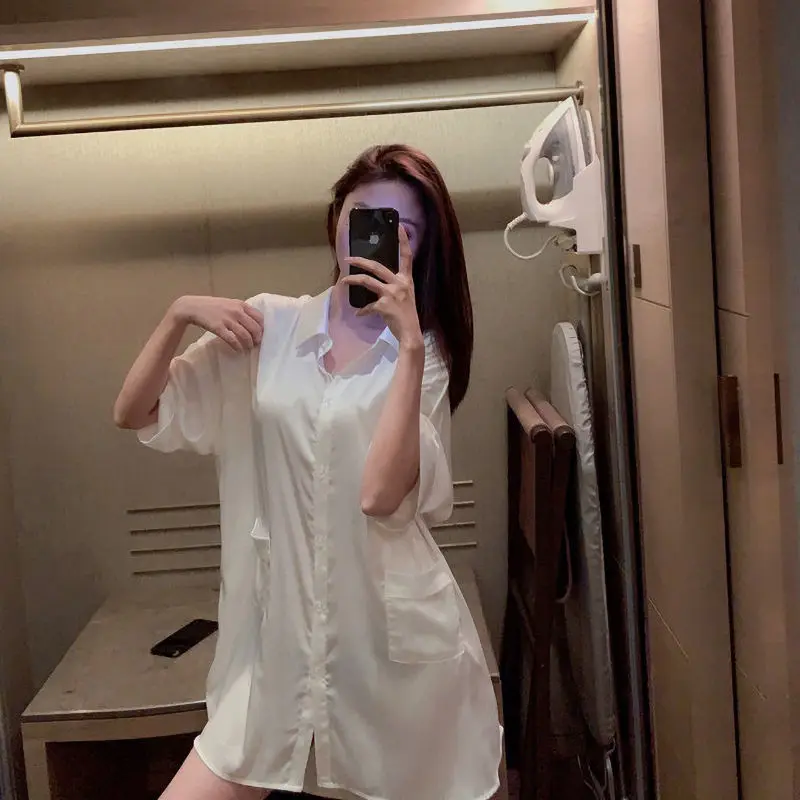 Shirt Women's Draping Effect Nightdress Spring and Summer Ice Silk Thin Style White Shirt Mid-Length Silk-like Pajamas Underwear