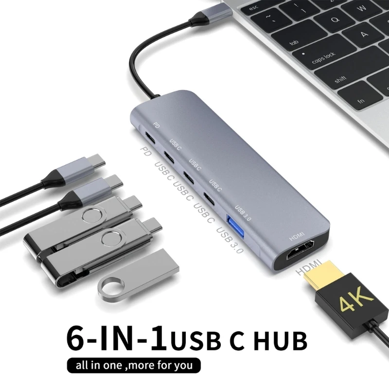 

Док-станция Type C 6 в 1 Hub USB 3.1 3.0 4KHDMI Выход для ноутбуков, настольных компьютеров, планшетов PD100W 10Gbps Зарядная
