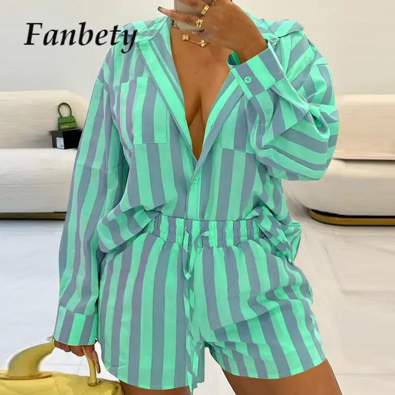 

2023 Sexy Long Sleeve Collar Tops Women' Sets Chic Lady Pockets Drawstring Two Piece Outfits Set Fashion Striped Shorts Suit