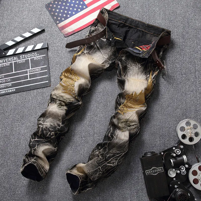New Retro Cotton Streetwear Jeans Men European And American Brand Personality Embroidery Wings Hole Original Denim Trousers